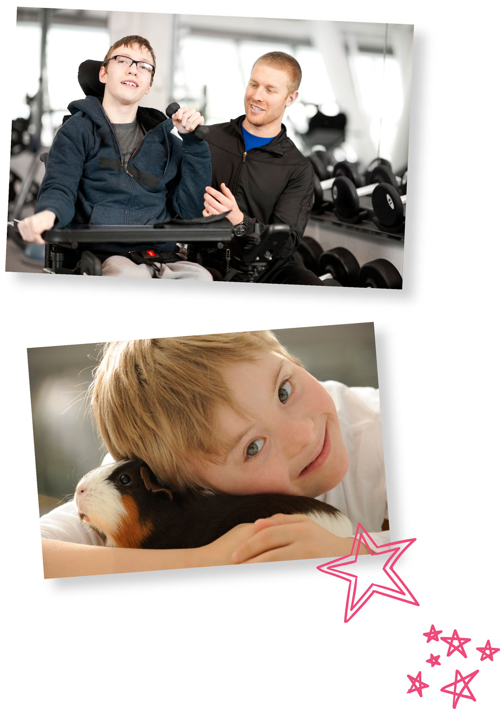 photos: kid with trainer; kid with bunny